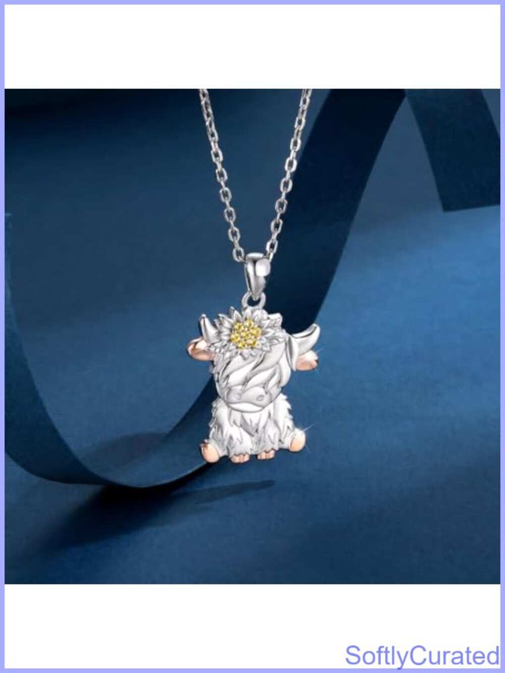 Sterling Silver Highland Cow Necklace CZ Sunflower Pendant 18+2in Adjustable - Picture 2 of 6